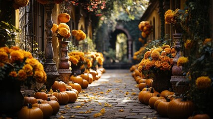 On a crisp autumn day, a colorful procession of pumpkins, gourds, and squash stroll along the ground, delighting in the beauty of the seasonal flowers and celebrating halloween in the great outdoors - obrazy, fototapety, plakaty