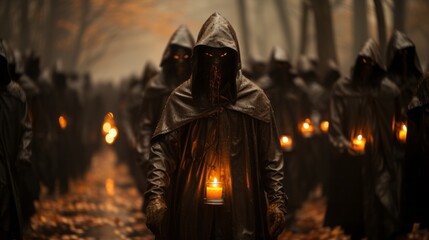 Fototapeta premium A mysterious gathering of cloaked zombies in the dark of night, illuminated by the glimmering light of a single candle, sparks a feeling of mystery and awe