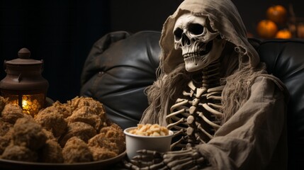 A lonely skeleton sits in a dimly lit room, munching on a bowl of chicken and fries, as the smell of freshly brewed coffee fills the air