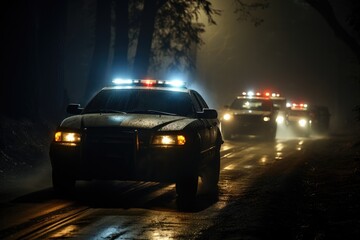 Fototapeta na wymiar High-Speed Pursuit: Police Cars Chasing Through a Foggy Night