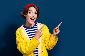 Photo of promoter marketing billboard new marketplace pricing index fingers mockup information updates isolated on blue color background