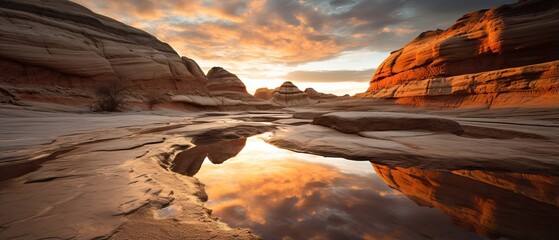 Desert Mountains during Sunset. Insane reflection over a Little Lake - obrazy, fototapety, plakaty