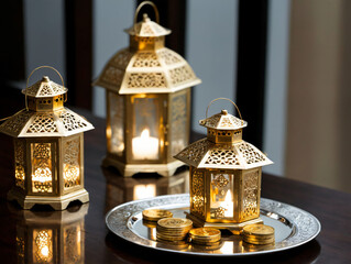 Fototapeta na wymiar A Table With Two Gold Lanterns On It