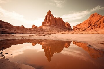 Fototapeta na wymiar Desert Mountains during Sunset. Insane reflection over a Little Lake