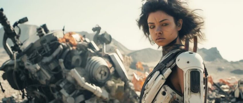 Portrait of woman in futuristic amour standing in apocalyptic scene of destroyed after war city with debris, smoke and fire. Anamorphic 4k footage