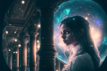 Beautiful young woman with infinite knowledge in a library with marble pillars surrounded by galaxys and stars planets magical glowing mist dynamic lighting octane 4 8k  - obrazy, fototapety, plakaty