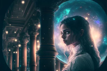 Fotobehang Beautiful young woman with infinite knowledge in a library with marble pillars surrounded by galaxys and stars planets magical glowing mist dynamic lighting octane 4 8k  © Betty