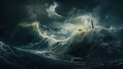 Storm in the Ocean. Huge Waves an Strikes & Lightnings.