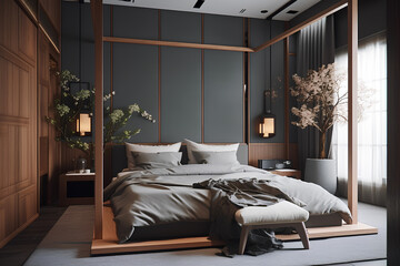 Japandi style bedroom interior in modern house.