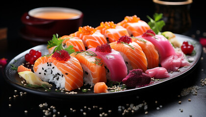 Freshness on plate seafood, sashimi, nigiri, maki sushi, healthy eating generated by AI