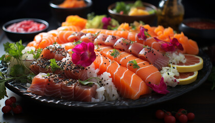 Freshness on a plate seafood, sashimi, nigiri, maki sushi, vegetable generated by AI