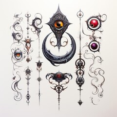 Tattoo Ideas. Lot of Fantasy Objects over a White Background.