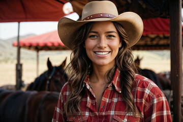 Cowgirl smiling and horses behind. Generative AI.