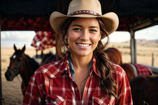 A cowgirl smiling and horses behind. Generative AI. - Powered by Adobe