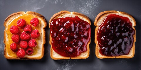Fresh bread slices with different jams. Top view, flat lay. Generative Ai