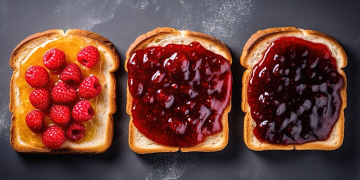 Fresh bread slices with different jams. Top view, flat lay. Generative Ai