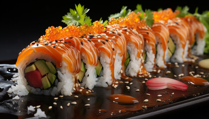 Freshness on plate seafood, maki sushi, rolled up, sashimi, avocado generated by AI