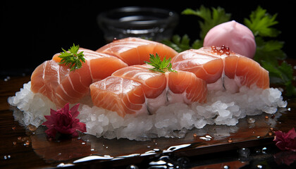 Freshness and gourmet seafood, a slice of sashimi on a plate generated by AI