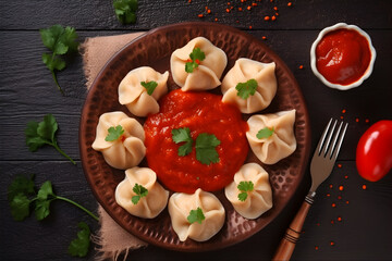 Veg steam momo. Nepalese Traditional dish Momo stuffed with vegetables and then cooked and served with sauce over a rustic wooden background