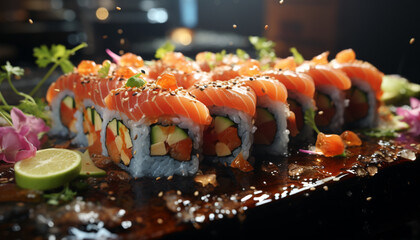 Freshness on plate seafood, sashimi, avocado, maki sushi, nigiri generated by AI