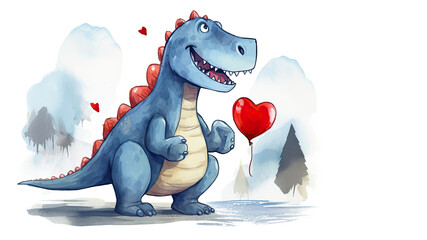 Dinosaur holding a heart on a white background and laughing. Valentines day concept