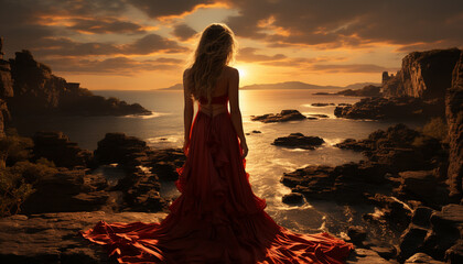 A beautiful woman stands by the water, enjoying the sunset generated by AI