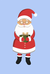 Christmas illustration on blue background. Postcard with Santa Claus. Cartoon Santa Claus. Keeps it as a gift. Give a box. Merry Christmas
