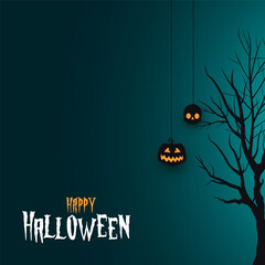 Happy halloween invitation or wish card background illustration with hanging pumpkin and halloween tree
