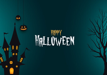 Happy halloween night background with creepy halloween tree and haunted house and halloween text