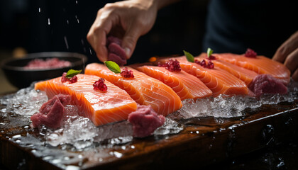 Freshness and gourmet seafood, a slice of sashimi on plate generated by AI