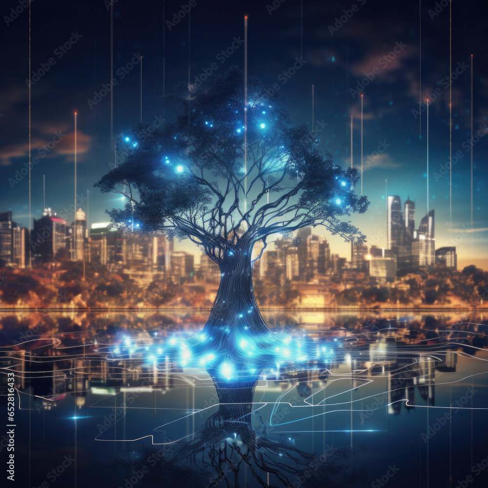 Aufkleber tree data technology on city background. digital internet connection. futuristic hi-tech style