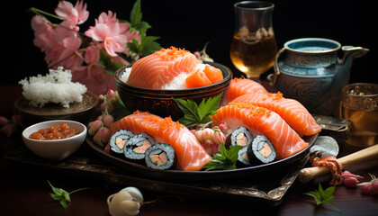 Fresh seafood, gourmet meal, sashimi plate, nigiri rice, Japanese culture generated by AI