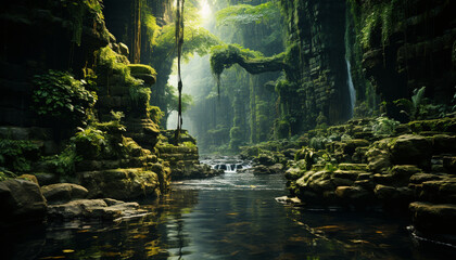 Nature beauty in a tropical rainforest flowing water, green foliage generated by AI