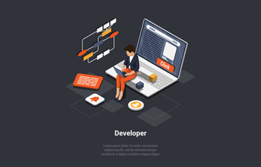 Software Development Coding Process Concept. Programmer or Web Developer Working On Laptop. Screen With Code, Script and Address Bar. Coder Engineer At Workplace. Isometric 3d Vector Illustration
