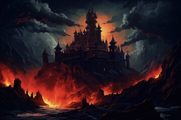 Dark Illustration of an Evil Castle on Fire in Halloween Nighttime - A Painting of Hellish Fire Burning the Castle - obrazy, fototapety, plakaty