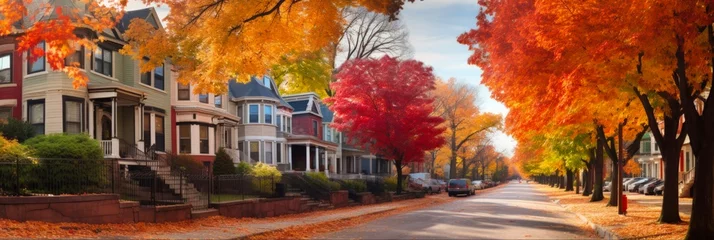 Fotobehang Rural Charm in the Heart of Somerville: Tree-Lined Street in Fall in Picturesque Massachusetts Neighborhood in Outskirts of Boston © AIGen
