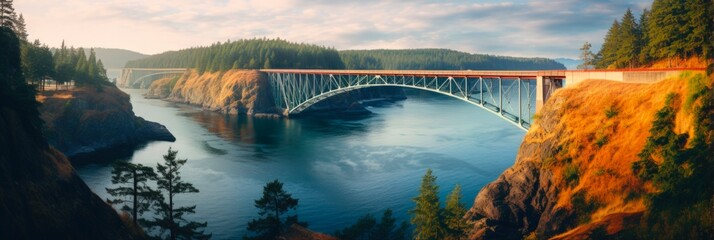 Scenic View of Deception Pass Bridge Connecting Anacortes Island with Whidbey Island over the Ocean in Washington State, Daylight Shot - obrazy, fototapety, plakaty