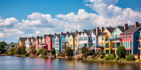 Skyline of Alexandria and Waterfront Houses in Northern Virginia. Modern Townhomes and Colorful Architecture in this Vibrant Community - obrazy, fototapety, plakaty