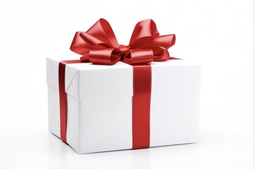 White Gift Box with Red Ribbon Bow for Celebrations - Perfect for Christmas or Birthday Gifts - Isolated on White Background