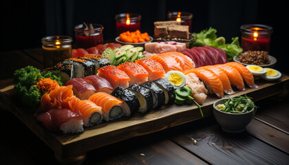 Freshness on a plate seafood, fish, sashimi, nigiri, maki sushi generated by AI