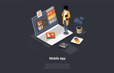 Process Of Mobile Application Development UX UI Design. Analysis Trends And Software Development Coding Process Concept. Programming, Testing Cross Platform Code. Isometric 3d Vector Illustration