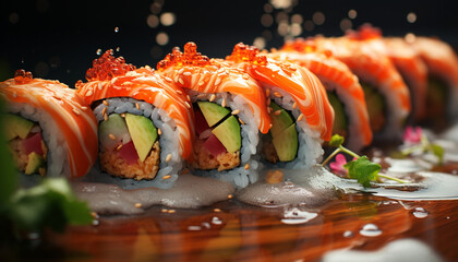 Freshness on plate seafood, maki sushi, avocado, sashimi, rolled up generated by AI