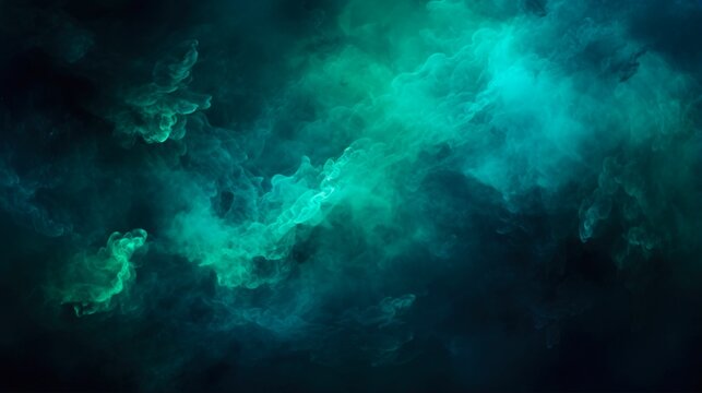 Shiny Haze Texture for Fantasy Night Sky with Blue-Green Glitter Steam Cloud on Dark Background. Color Mist of Ink Water Blending in Abstract Art