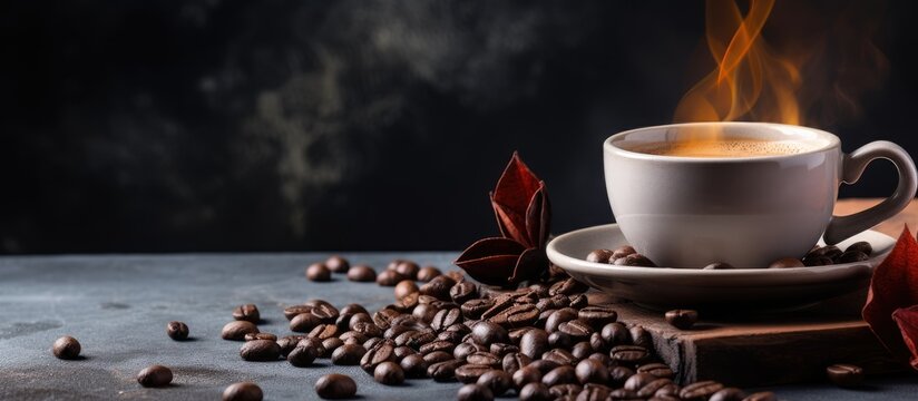 Coffee related establishments A cup of energizing dark coffee and coffee beans on a dark background Space for writing Idea of warm beverages
