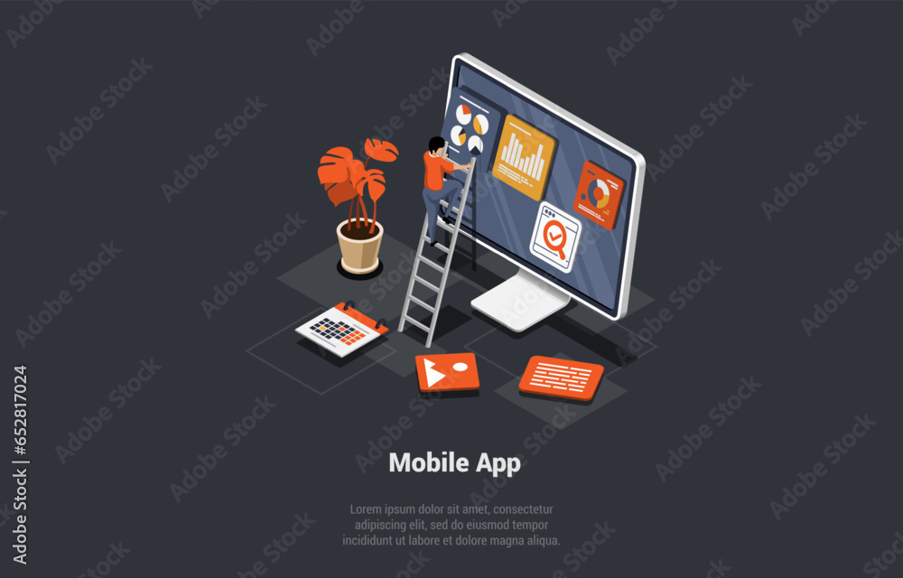 Poster process of mobile application development and presentation. analysis trends and software development