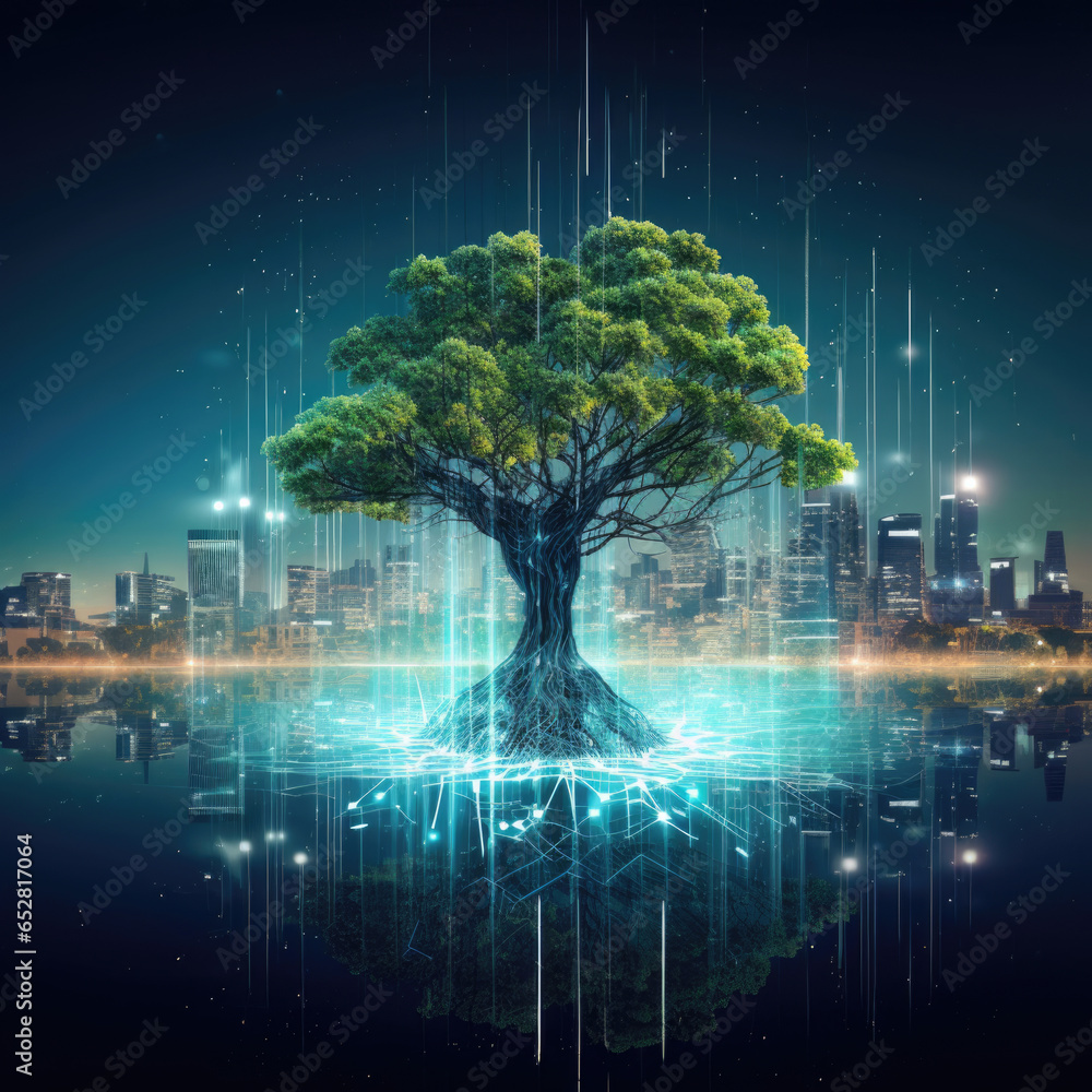 Poster network connection technology or big data concept, blue cyber tree with futuristic element