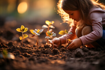 Cute little girl planting a tree in the garden at sunset. 
Kid planting seedlings in the ground. Selective focus. - obrazy, fototapety, plakaty