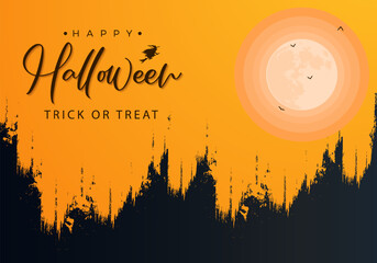 Happy halloween background illustration with grunge brush stroke and halloween text and a big full moon