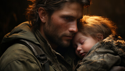 Fototapeta premium A loving father embraces his smiling child in the forest generated by AI