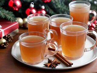 Three Glasses Of Apple Cid On A Plate With Cinnamons And Christmas Decorations